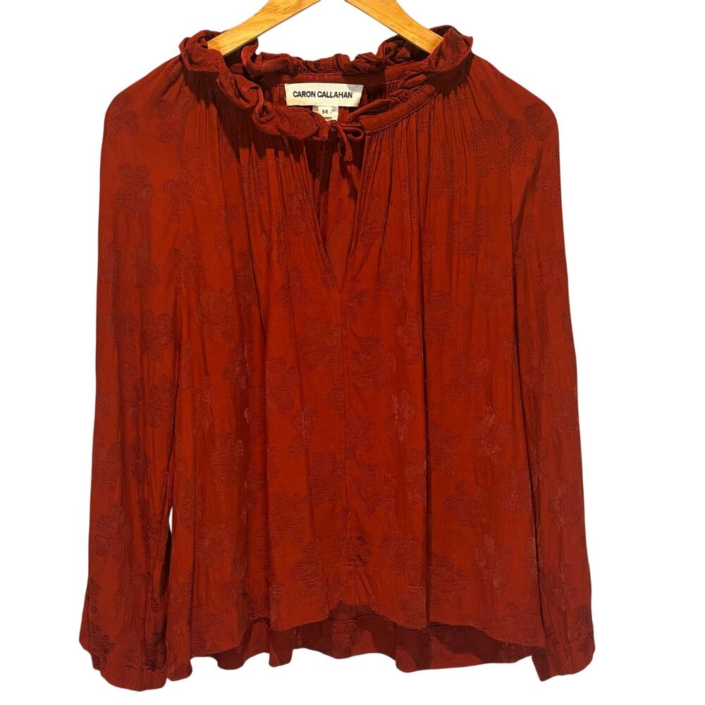 Caron Callahan Rust Red Embossed Floral Long Sleeve Blouse - size Medium